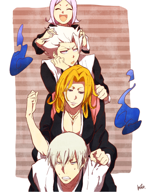 2girls, bleach, blue_eyes, breasts, cleavage, closed_eyes, eyes_closed, green_eyes, hitsugaya_toushirou, ichimaru_gin, jewelry, kusajishi_yachiru, large_breasts, matsumoto_rangiku, motsu_(f0204), multiple_boys, multiple_girls, necklace, orange_hair, pink_hair, silver_hair