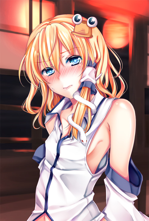 bare_shoulders, blonde_hair, blue_eyes, blush, cosplay, detached_sleeves, hair_ornament, hair_tubes