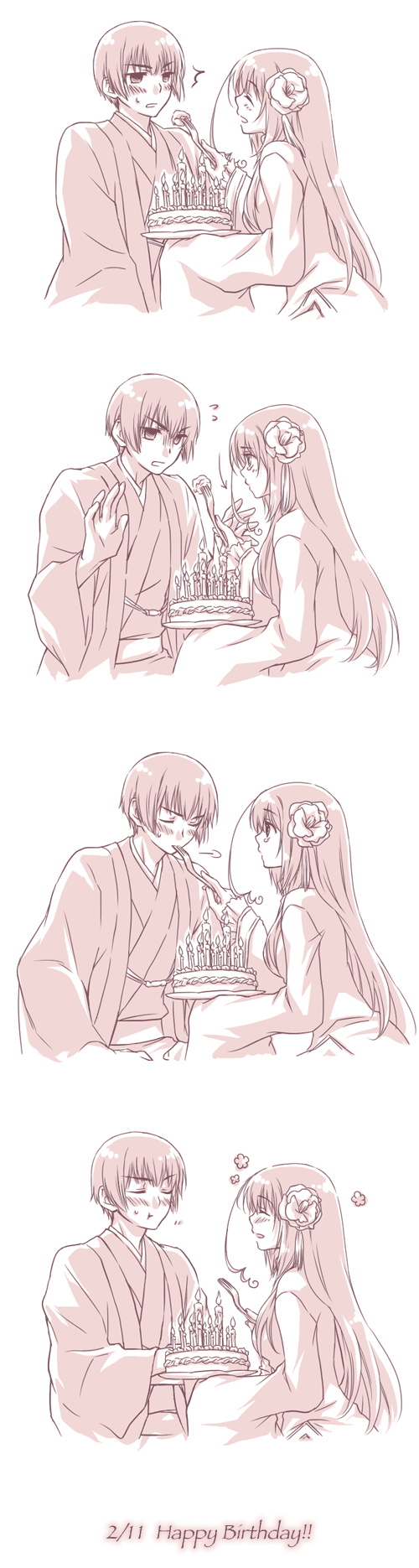1girl, axis_powers_hetalia, blush, cake, chinese_clothes, comic, couple, feeding