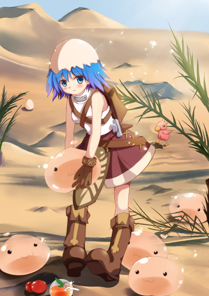:3, bird, blue_eyes, blue_hair, desert, drops, egg, novice