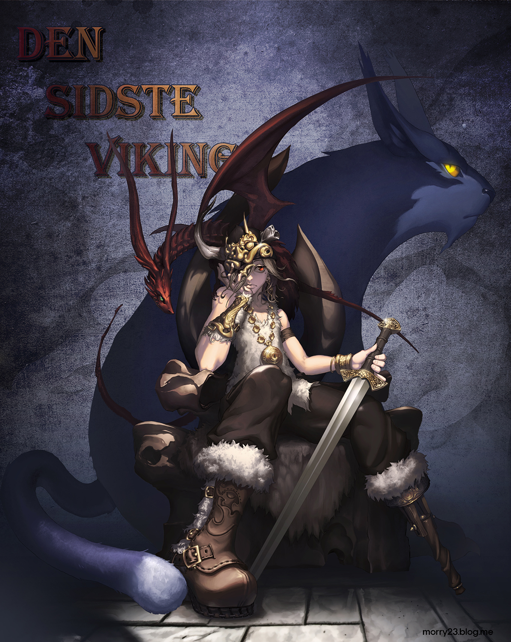 amputee, boots, danish, highres, jewelry, lips, male, na_in-sung, necklace, original, peg-leg, prosthesis, sitting, solo, sword, weapon, wyvern