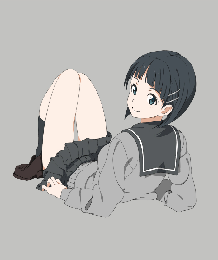 black_hair, black_legwear, green_eyes, hair_ornament, hairclip, kirigaya_suguha, loafers, school_uniform, serafuku, shoes, skirt, socks, solo, sweater, sword_art_online, tonton