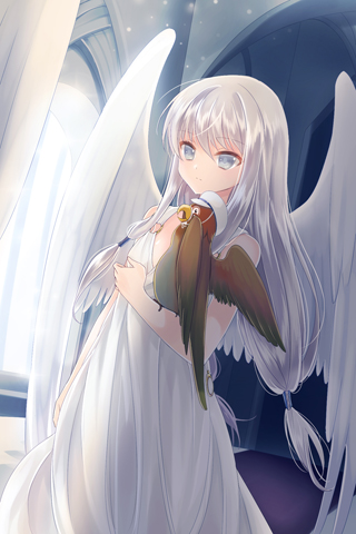 angel_wings, bird, bird_on_arm, eisenwane, expressionless, grey_eyes, hat, long_hair, lowres, parrot, reum, robe, silver_hair, standing, sword_girls, very_long_hair, wings