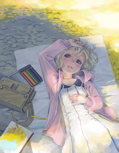 blonde_hair, blue_eyes, blush, looking_at_viewer, lowres, on_back, original, pencils