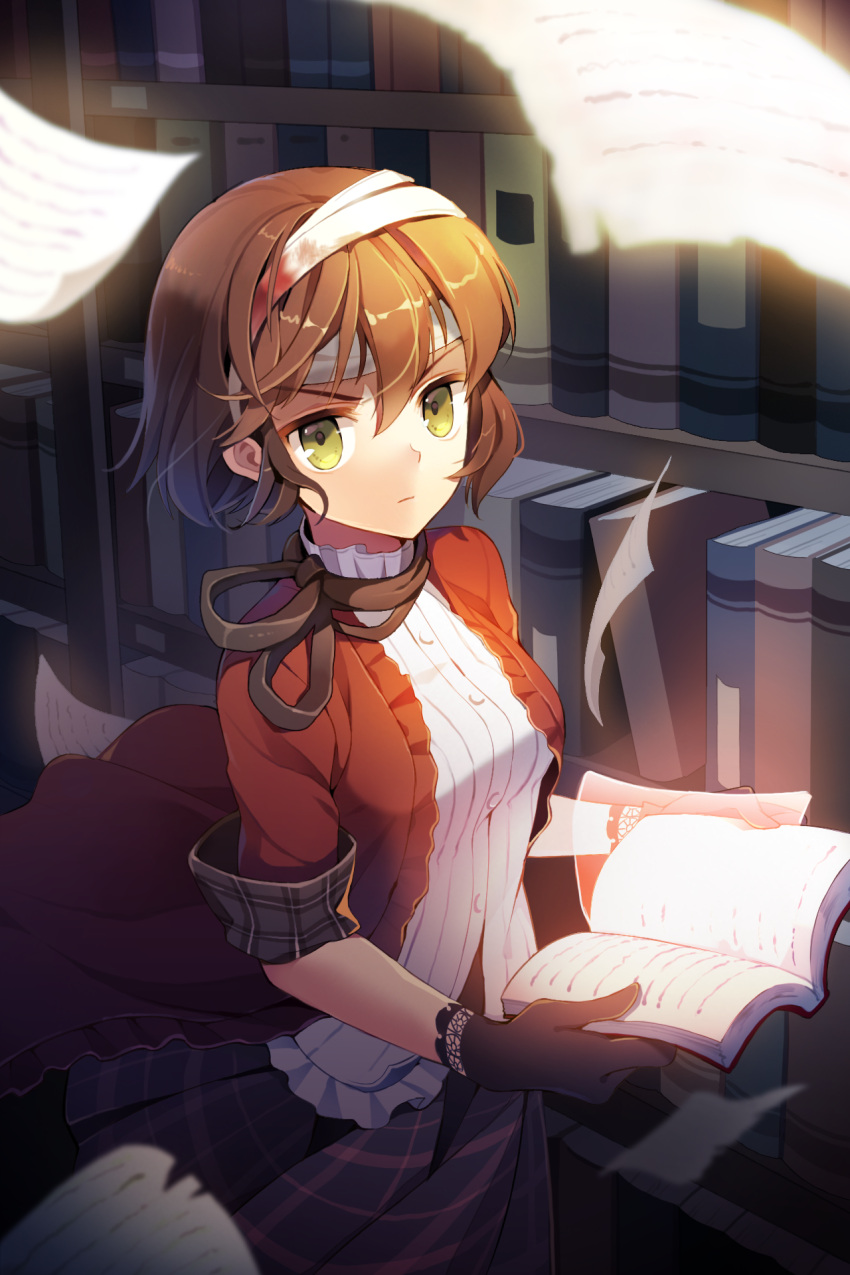 asmis, asmis_hara, bandage, bandages, blood, book, bookshelf, brown_hair