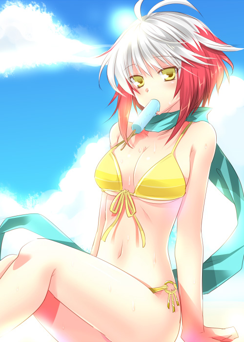 bikini, blue_background, mouth_hold, multicolored_hair, pascal, popsicle, red_hair, redhead