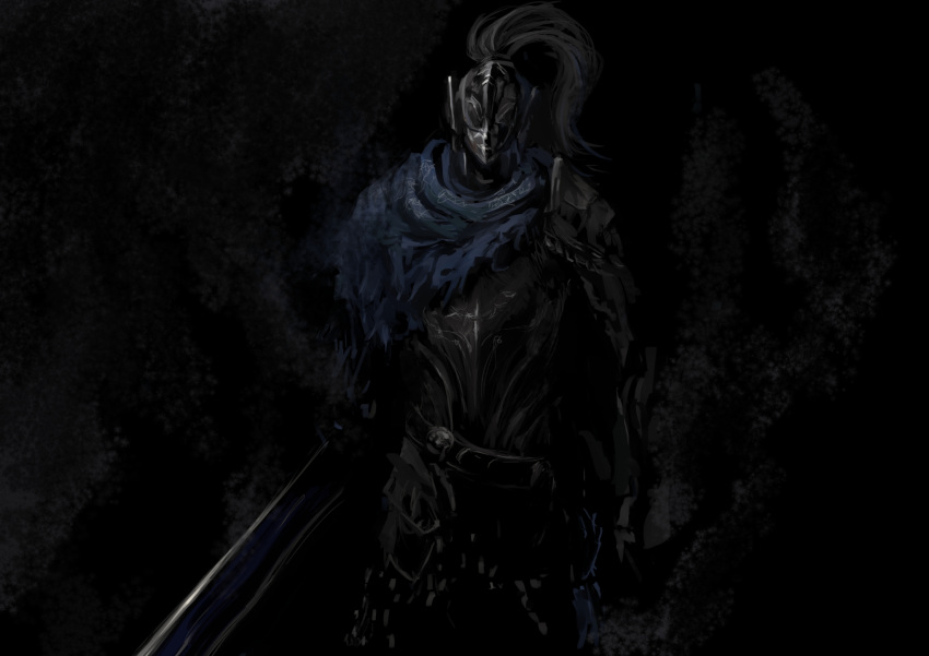 armor, artorias_the_abysswalker, dark_souls, full_armor, gauntlets, helmet, highres, knight, male, norihiro_(tsu-mukimuki), plume, solo, sword, weapon