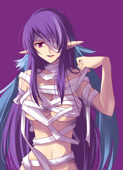 bandage, bandage_over_one_eye, bandages, blue_hair, breasts, hair_down, judith, long_hair