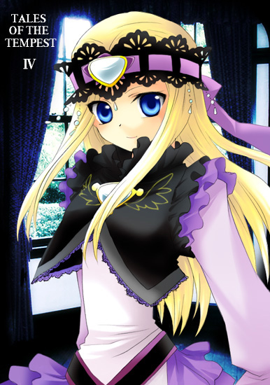 arria_ekberg, blonde_hair, blue_eyes, curtains, headband, long_hair, miyu_(matsunohara), smile, solo, tales_of_(series), tales_of_the_tempest, title_drop