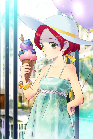 balloon, bangs, bare_shoulders, bracelet, clenched_hand, collarbone, dress, food