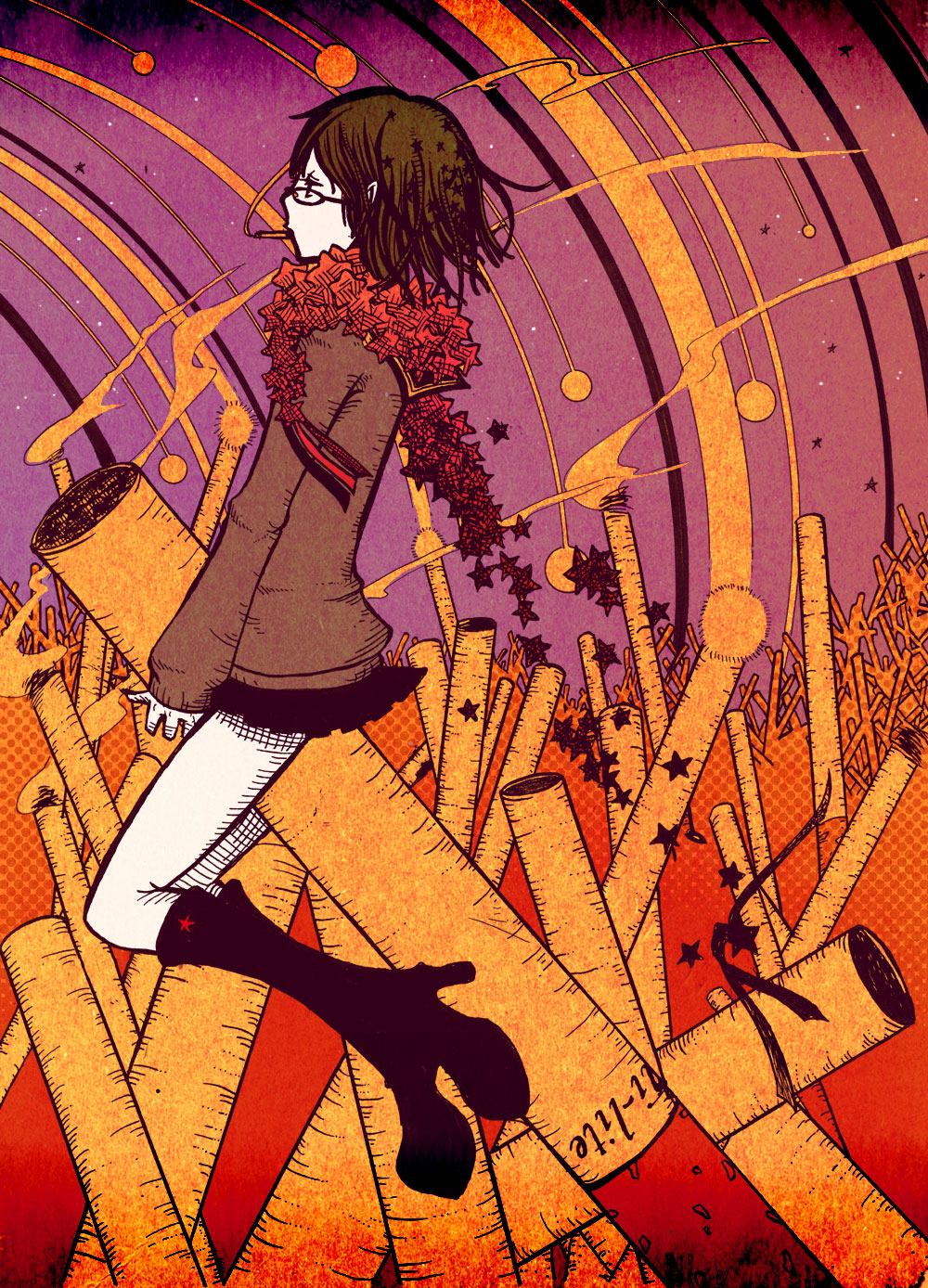 bad_id, boots, brown_hair, cigarette, glasses, highres, nawoki, original