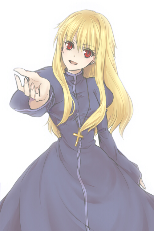 blonde_hair, cassock, cross, cross_necklace, dress, fate/protoreplica, fate/stay_night, fate_(series)