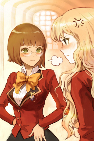 artist_request, bangs, blazer, blonde_hair, blunt_bangs, blush, bow, brown_hair