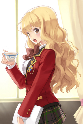 blazer, blonde_hair, blush, bow, brown_eyes, celine_hastur, cup, curtains