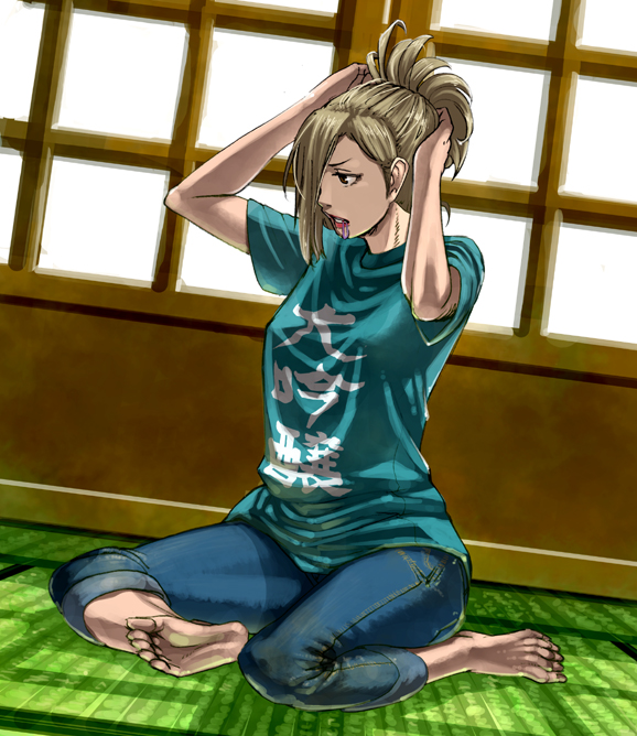 barefoot, blade_of_the_immortal, blonde_hair, brown_eyes, casual, feet, hyakurin, long_hair, s_kengo, sitting, solo