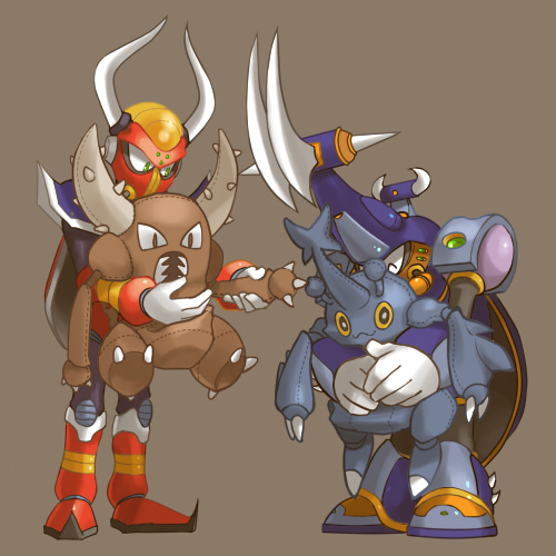 2boys, ^_^, arm_grab, armor, black_eyes, boomer_kawanger, boomer_kuwanger, brown_eyes, carrying, claws, closed_eyes, crossover, gravity_beetbood, gravity_beetle, green_eyes, grey_background, height_difference, heracross, holding, horn, horns, hug, hug_from_behind, looking_down, lowres, mecha, mega_man_(series), mega_man_x_(series), multiple_boys, outstretched_arm, pinsir, pokemon, pokemon_(game), robot, rockman, rockman_x, rockman_x3, simple_background, slit_pupils, smile, spikes, standing, stuffed_animal, stuffed_beetle, stuffed_toy, tanei_fumi, tanetane1ban, teeth, yellow_sclera