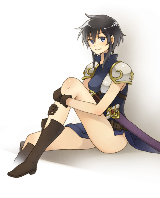 armor, black_hair, blue_eyes, blush, boots, dress, fire_emblem, fire_emblem:_seisen_no_keifu