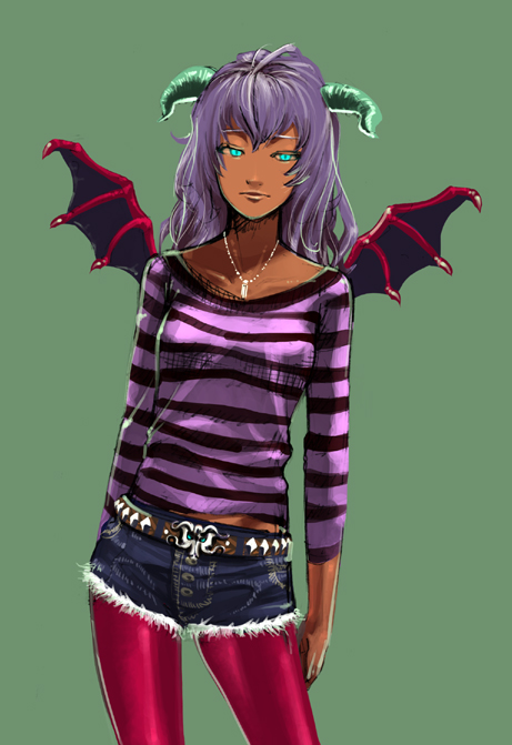bat_wings, casual, character_request, dark_skin, demon_girl, dragon_quest, dragon_quest_v, horns, hotpants, legwear_under_shorts, long_hair, messara, pantyhose, personification, pink_legwear, purple_hair, s_kengo, short_shorts, shorts, solo, succubus, wings