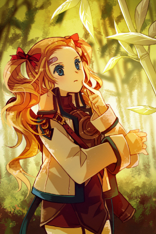 bamboo, bandage, bandages, belt, blonde_hair, blue_eyes, frett, frown