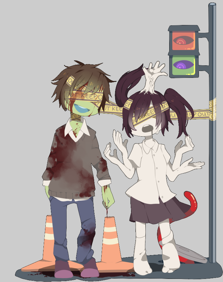 1girl, black_hair, blood, brown_hair, caution_tape, extra_arms, green_skin, keep_out