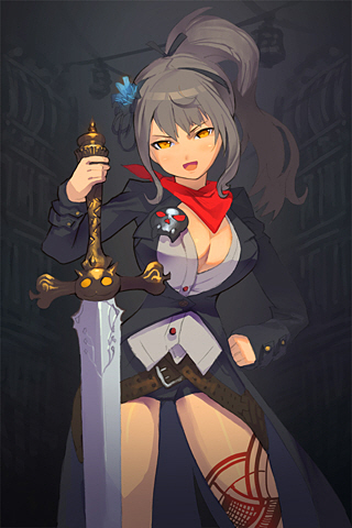 bandana, bandanna, belt, breasts, cleavage, clenched_hand, dress_shirt, flower, grey_hair, grin, gs_soldier, hair_ribbon, hand_on_hip, high_ponytail, holding, lowres, open_mouth, orange_eyes, ribbon, shirt, shorts, skull, smile, sword, sword_girls, tattoo, trench_coat, weapon