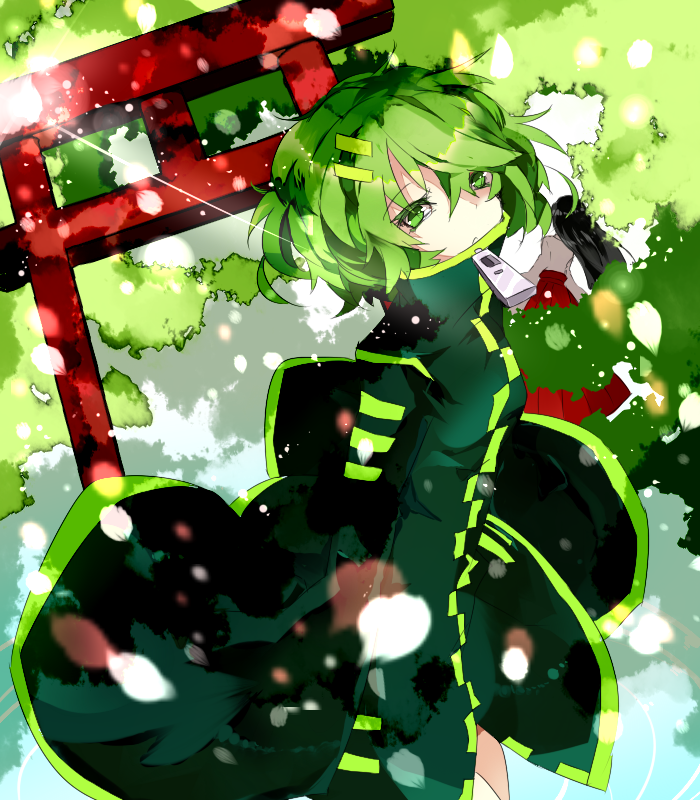answered_prayers, arch, flourette, fluorette, green_eyes, green_hair, hair_ornament, hairclip, lens_flare, multiple_girls, rooseputo_02, solo, tree, zipper