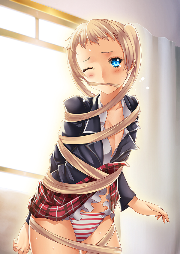 blue_eyes, blush, chuunibyou_demo_koi_ga_shitai!, collarbone, dekomori_sanae, entangled, long_hair, no_bra
