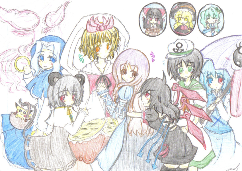 6+_girls, anchor, animal_ears, artist_request, asymmetrical_wings, basket, black_hair, black_legwear, blonde_hair, blue_eyes, blue_hair, bow, box, brown_hair, closed_eyes, crayon_(medium), detached_sleeves, donation_box, dress, everyone, eyes_closed, frog_hair_ornament, gradient_hair, green_eyes, green_hair, grey_hair, hair_bow, hair_ornament, hair_ribbon, hair_tubes, hakurei_reimu, hat, heterochromia, hijiri_byakuren, hood, houjuu_nue, karakasa_obake, kirisame_marisa, kochiya_sanae, kumoi_ichirin, long_hair, long_sleeves, mouse_ears, mouse_tail, multicolored_hair, multiple_girls, murasa_minamitsu, nazrin, open_mouth, pikachu, pokemon, pokemon_(creature), purple_hair, red_eyes, ribbon, sailor, sailor_hat, short_hair, short_sleeves, skirt, smile, snake, tail, tatara_kogasa, thigh-highs, thighhighs, tongue, toramaru_shou, touhou, two-tone_hair, umbrella, undefined_fantastic_object, unzan, v, wings, witch_hat, yellow_eyes