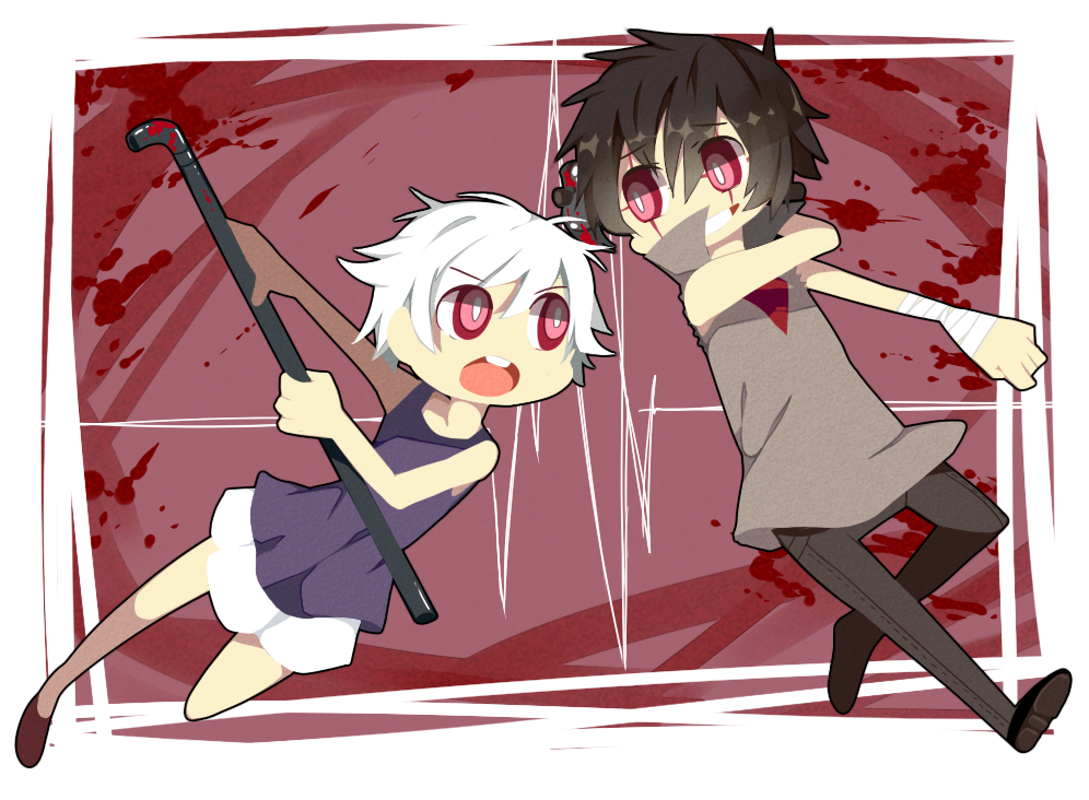 1boy, 1girl, battle, black_hair, grin, lead_pipe, open_mouth, red_eyes