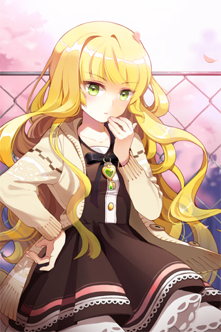 artist_request, blonde_hair, collarbone, green_eyes, hand_on_hip, layered_dress, long_hair, lowres