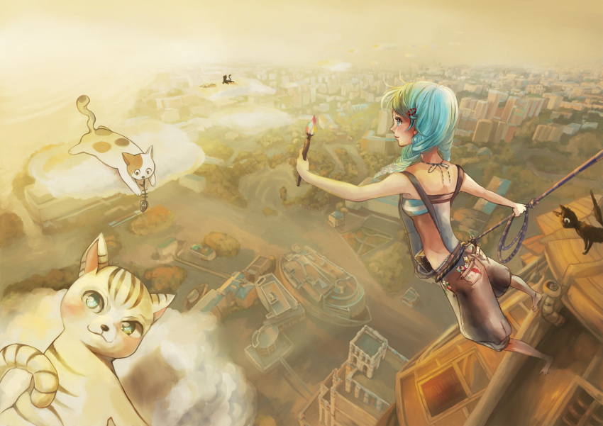 bikini_top, blue_hair, braid, cat, city, cloud, clouds, fish_bone, fishbone, hair_ornament, hairclip, highres, kida_(zakuroishi), original, paint, paintbrush, painting, pixiv-tan, rope, town, twin_braids
