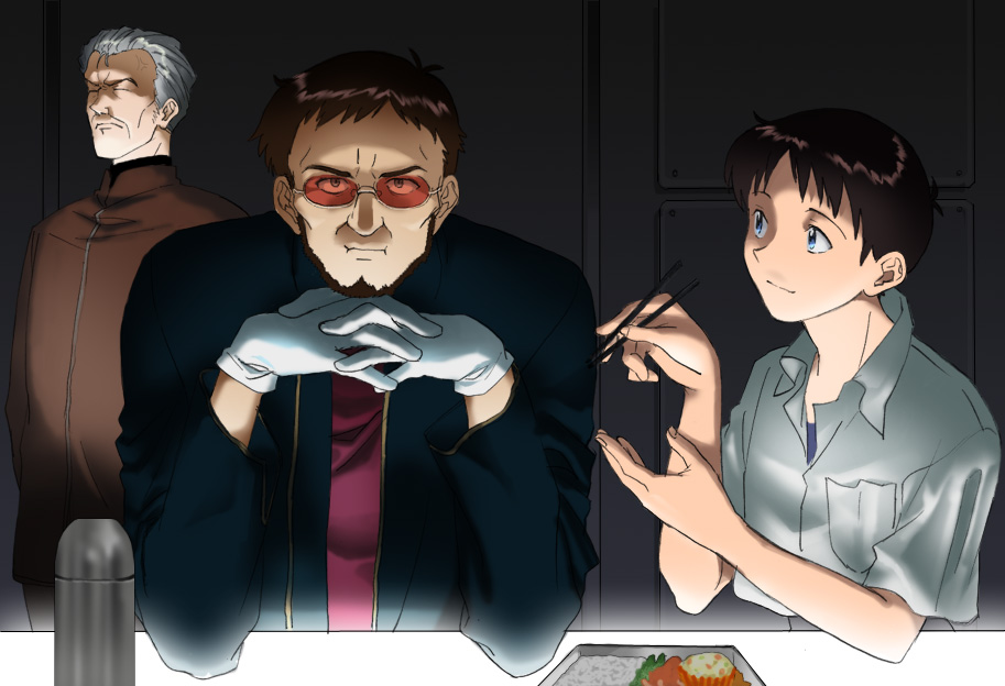 :i, anger_vein, ayanashi_kunio, beard, brown_hair, chopsticks, eating, facial_hair