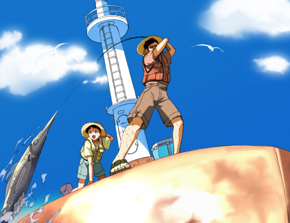 ayanashi_kunio, blue_sky, cloud, clouds, father, father_and_son, fish, fishing