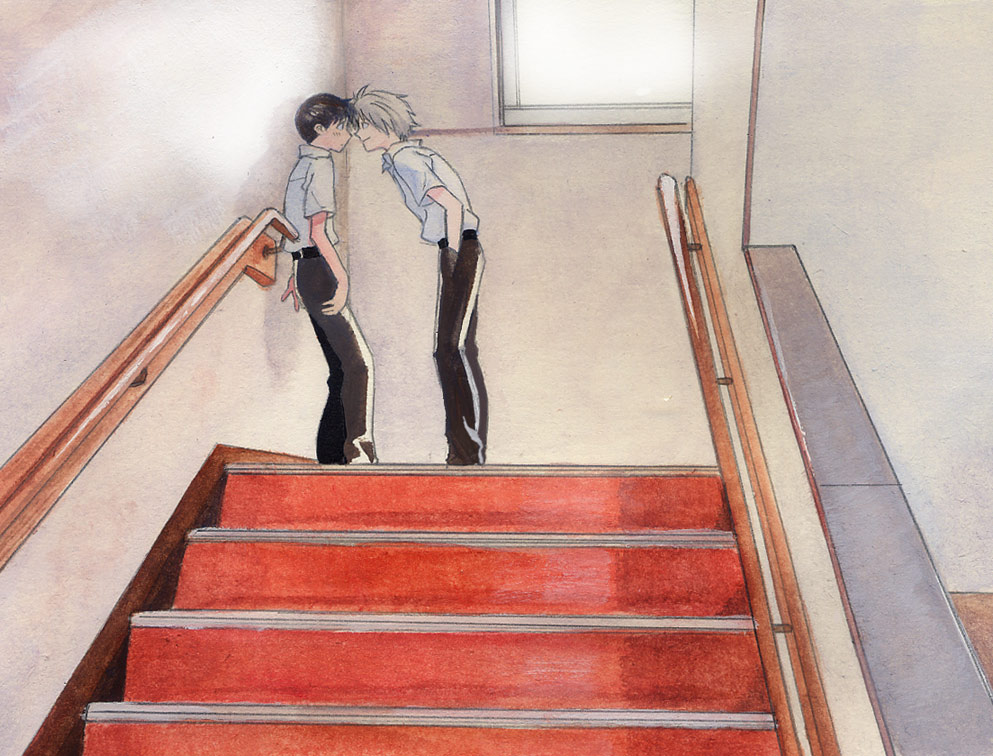 acrylic_paint_(medium), ayanashi_kunio, blush, brown_hair, eye_contact, face-to-face, grey_hair, ikari_shinji