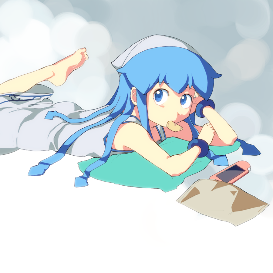 barefoot, blue_eyes, blue_hair, dress, hat, ianeramatati, ikamusume, long_hair
