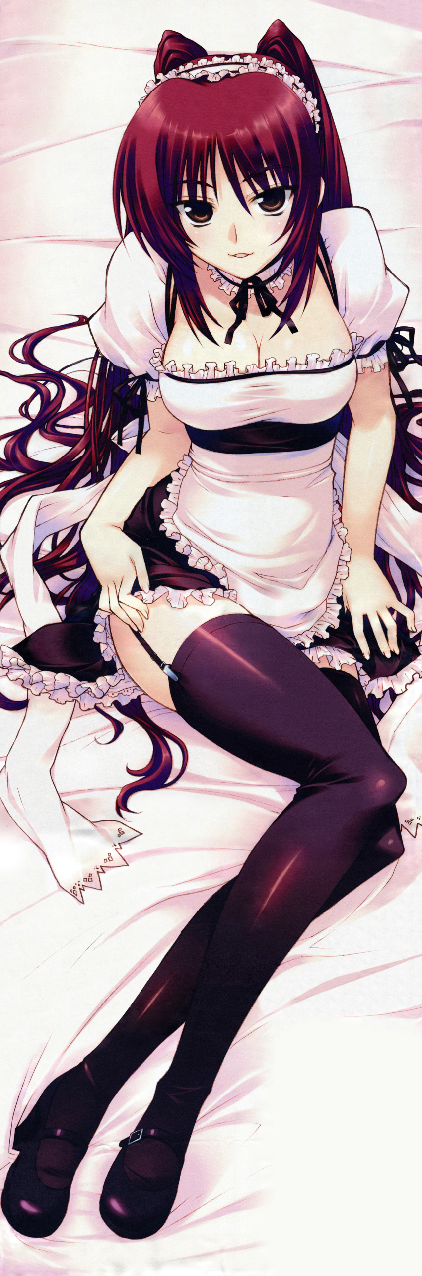 absurdres, amaduyu_tatsuki, amazuyu_tatsuki, breasts, brown_eyes, cleavage, dakimakura, garter_straps
