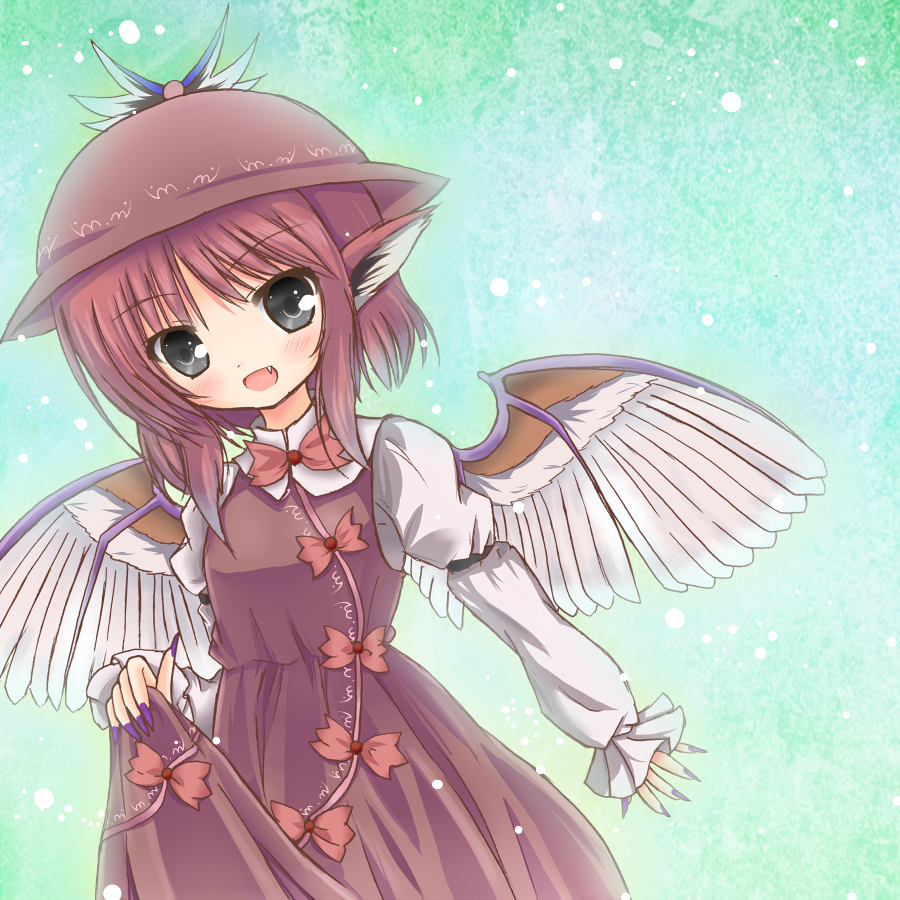 1girl, animal_ears, brown_hair, dress, dress_lift, fang, fingernails, green_background, grey_eyes, hat, light_particles, long_fingernail, long_fingernails, mystia_lorelei, short_hair, solo, touhou, wings, yuuhagi_(amaretto-no-natsu)