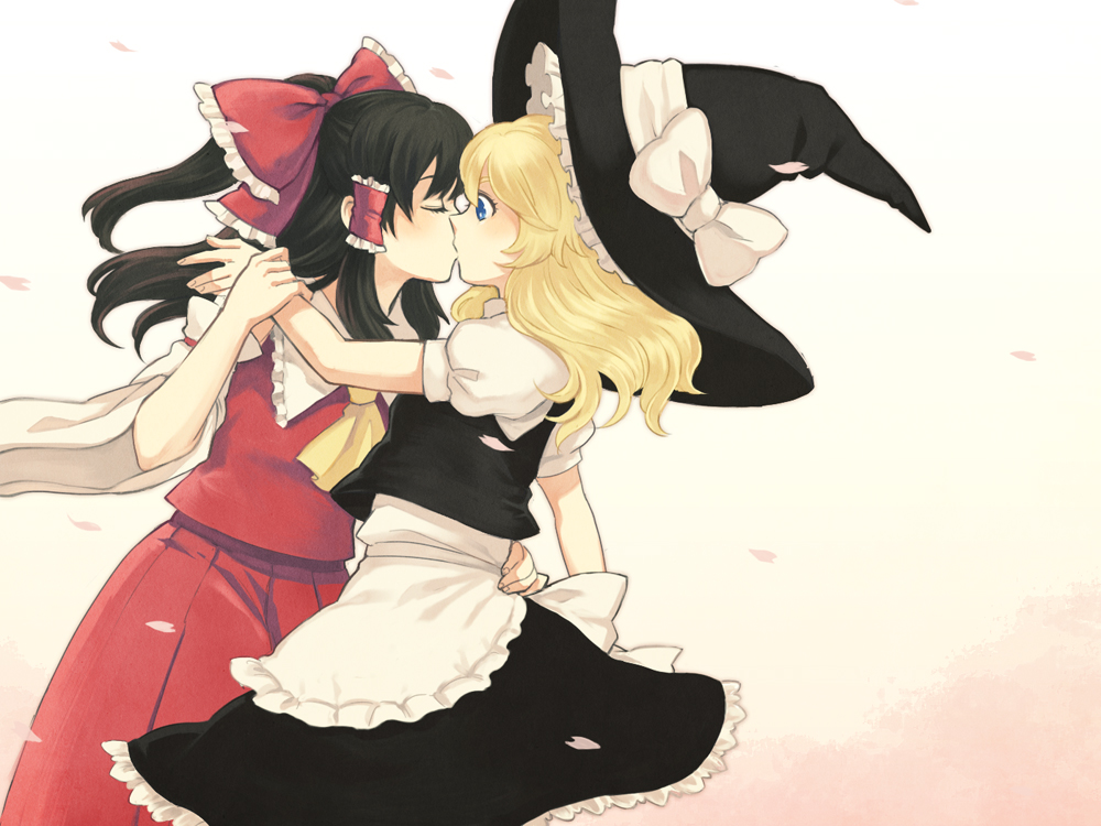 ascot, black_hair, blonde_hair, blue_eyes, bow, closed_eyes, detached_sleeves, eyes_closed