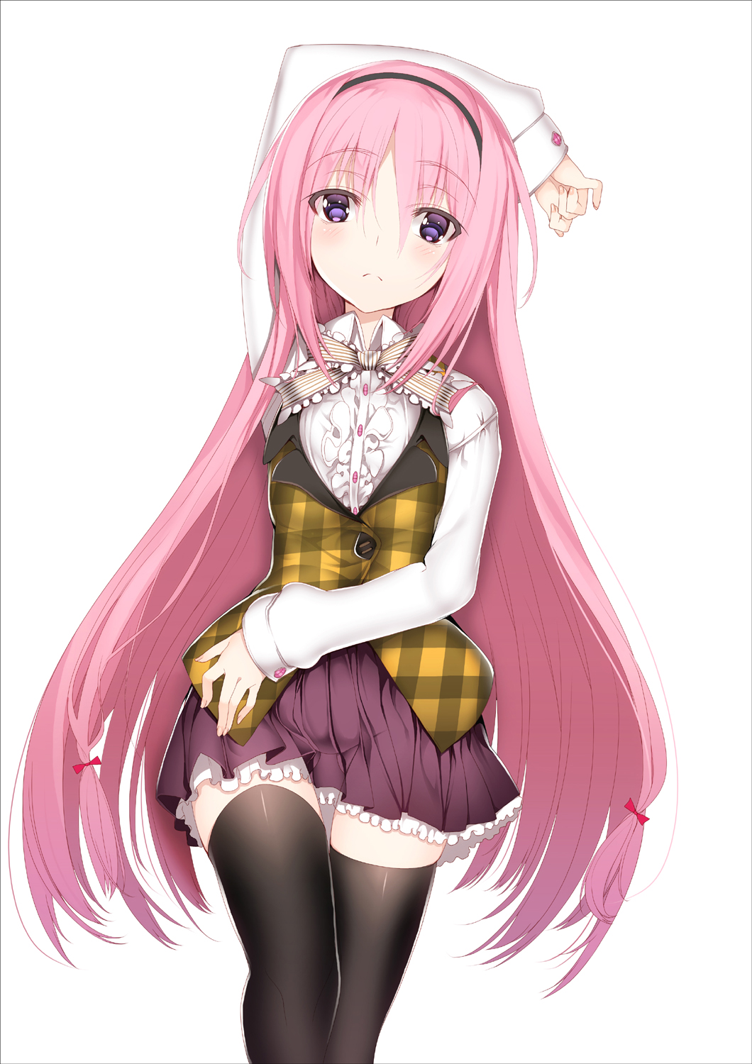 arm_up, black_legwear, bow, char, hair_bow, hairband, highres, long_hair
