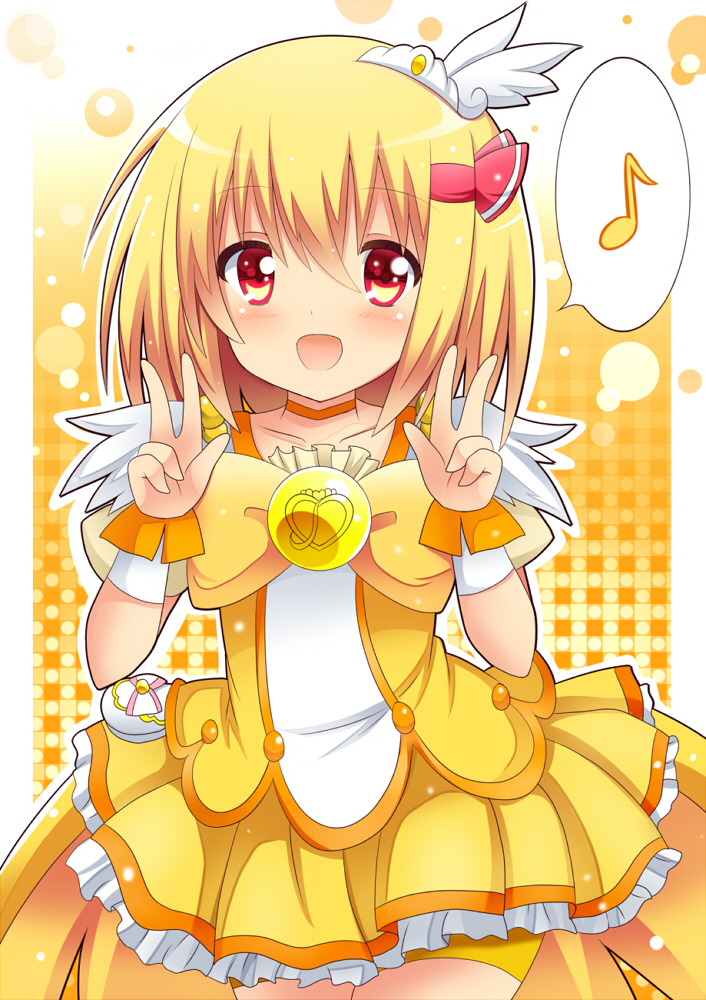 blonde_hair, bow, brooch, collarbone, cosplay, cure_peace, cure_peace_(cosplay), double_v