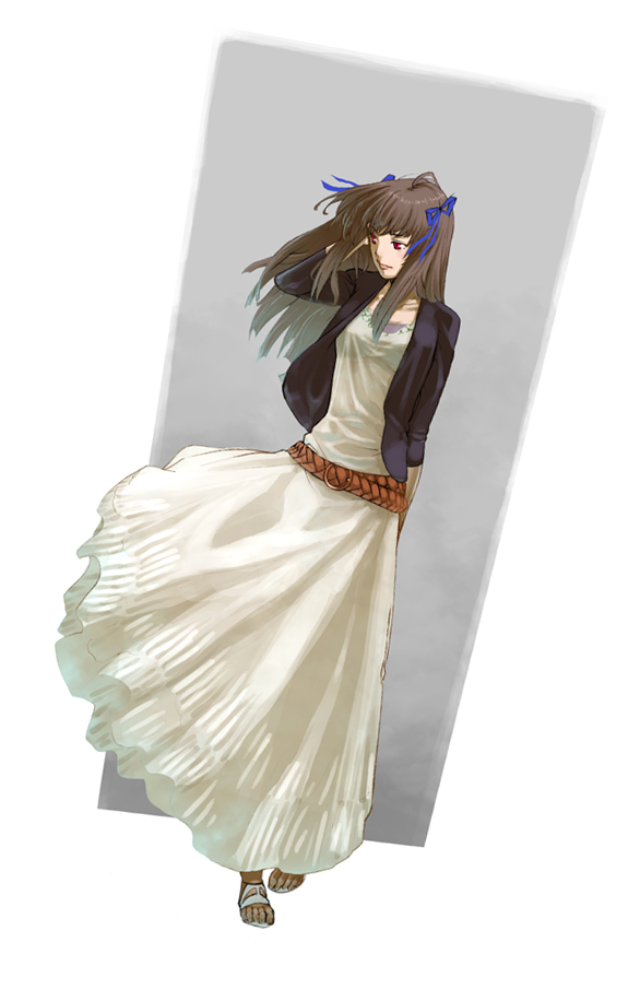 belt, dress, hair_ribbon, long_hair, red_eyes, ribbon, s_kengo, sandals