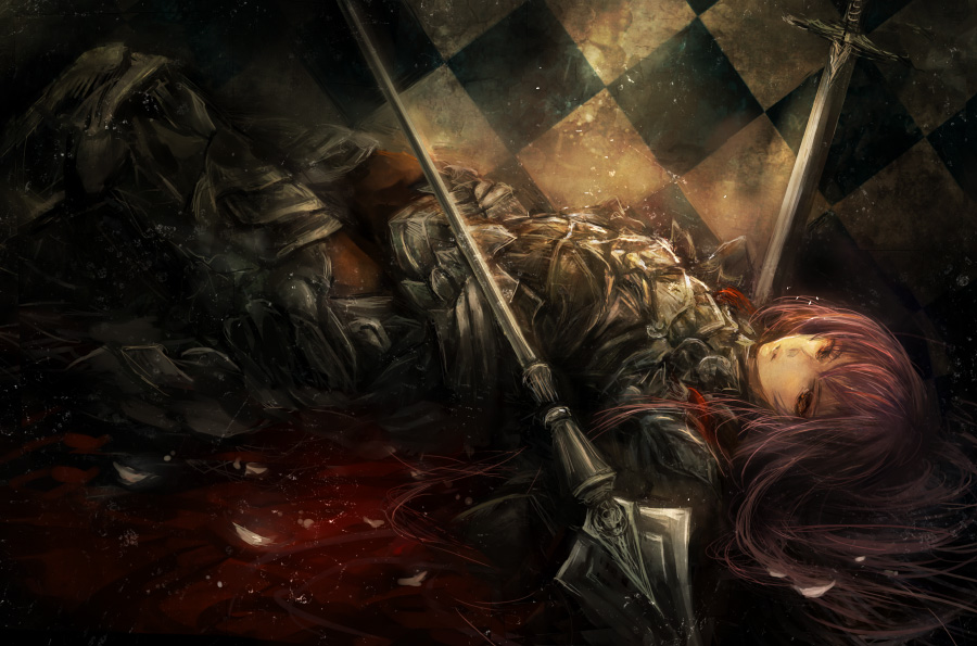 armor, blood, long_hair, lying, miyina, original, pink_hair, polearm