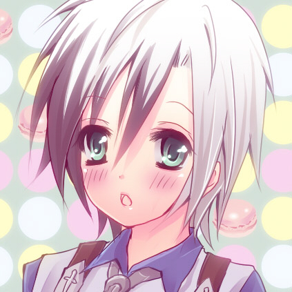black_hair, blush, face, green_eyes, kisaragi_nazuna, lowres, ludger_will_kresnik, macaron