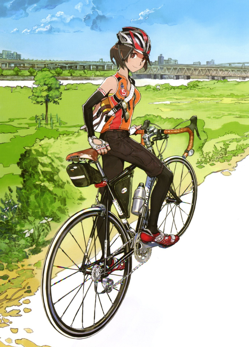 bag, bare_shoulders, belt, bicycle, brown_eyes, brown_hair, cloud, clouds, detached_sleeves, fingerless_gloves, glasses, gloves, grass, hat, helmet, highres, hirooka_masaki, landscape, leggings, light_smile, looking_at_viewer, looking_back, messenger_bag, nature, original, road_bicycle, scan, scenery, shoes, short_hair, shorts, shoulder_bag, skin_tight, sky, sleeveless, sleeveless_shirt, smile, sneakers, solo, tree