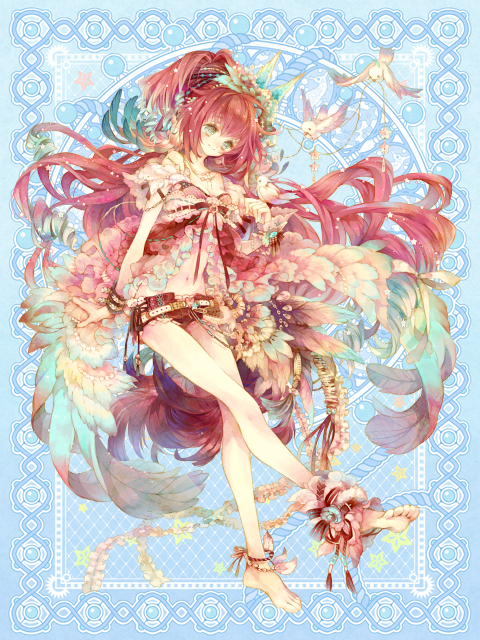 bare_legs, barefoot, belt, bird, bracelet, dress, end_breaker!, feet