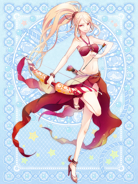 anklet, arrow, bare_legs, bikini_top, blonde_hair, bow_(weapon), bracelet, earrings
