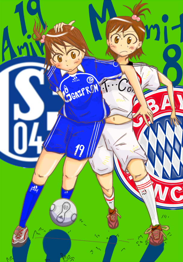 apollo_(ramakifrau), brown_eyes, brown_hair, fc_bayern_munchen, fc_bayern_munich, fc_schalke_04, flat_chest, futami_ami, futami_mami, hair_bobbles, hair_ornament, idolmaster, kneehighs, multiple_girls, playing_sports, short_hair, shorts, siblings, side_ponytail, sisters, soccer, soccer_uniform, sport, topknot, twins