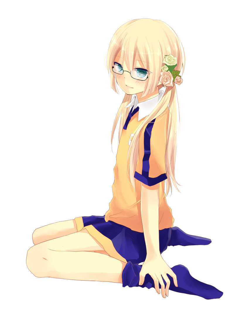 absurdres, blonde_hair, blue_eyes, blush, flower, fusion, glasses, highres
