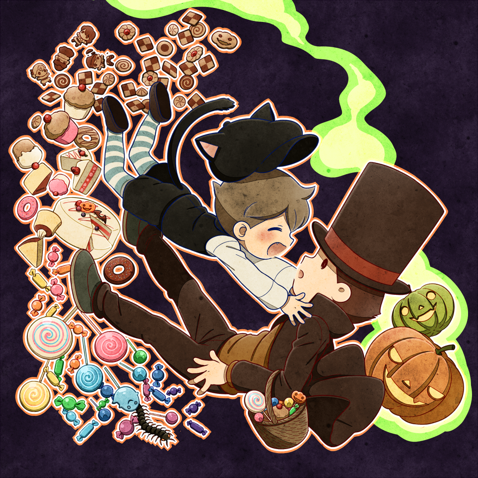 antennae, basket, brown_hair, cake, candy, cat_ears, cat_tail, centipede