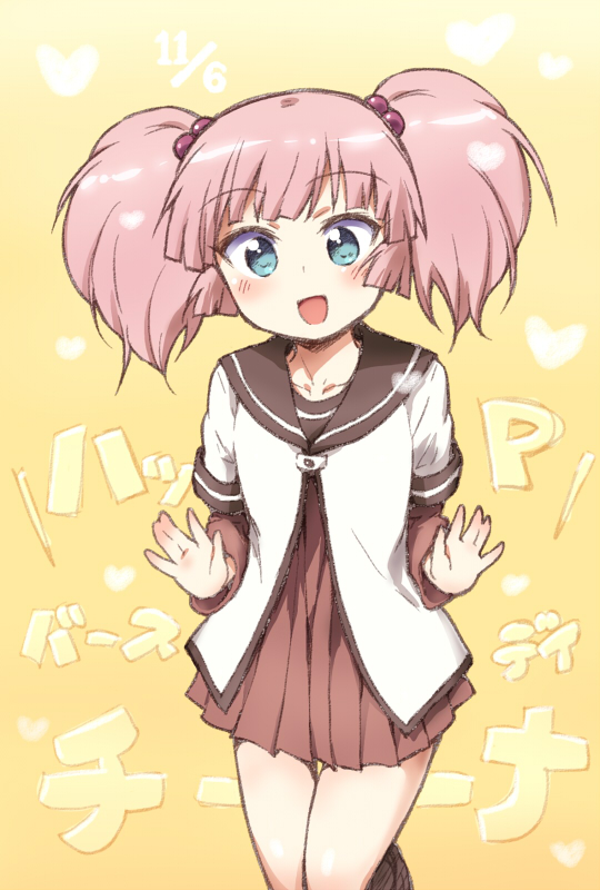:d, blue_eyes, collarbone, hair_bobbles, hair_ornament, kurou_(artist), open_mouth, pink_hair